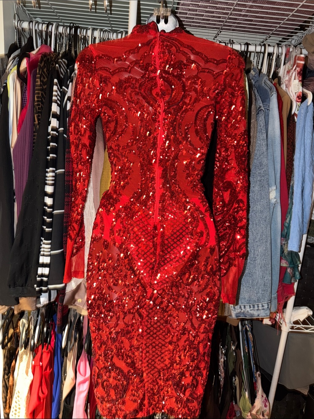 Fashion Nova Red Long Sleeve Sequin Bodycon Dress - Picture 2 of 3